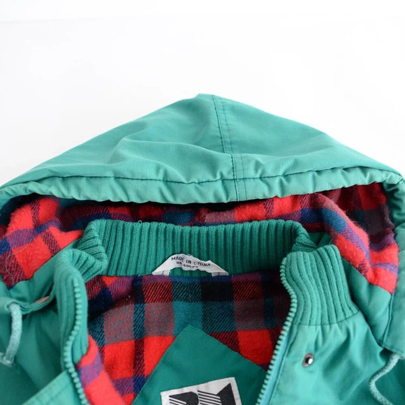 Vintage 90S British Green & Red Checker Liner Zip Up Hooded  Winter Jacket XL - Picture 14 of 16